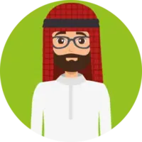 Man, lichte huid, donkerbruine baard, bril, geruite hoofddoek, wit shirt