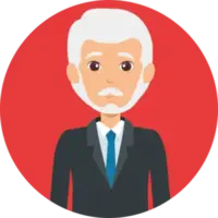 Oudere man, lichte huid, kort wit haar, witte baard, zwart jasje, blauwe stropdas